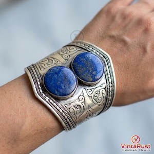 Bracciale rigido con lapislazzuli, gioielli tribali afghani con pietre preziose / bracciale etnico boho Kuchi