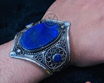 Vintage Lapis Lazuli Tribal Cuff Bracelet | Boho Silver Statement Jewelry