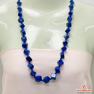 Handmade Faceted Lapis Lazuli Cube Bead Necklace | Natural Deep Blue Gemstone Necklace