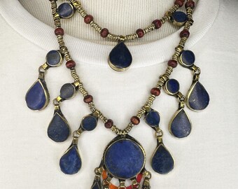 Vintage Bohemian Tribal Stone Necklace Two Layered Beaded Chain