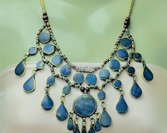 Handmade Afghan Lapis Lazuli Bib Necklace, Tribal Beaded Teardrop Necklace