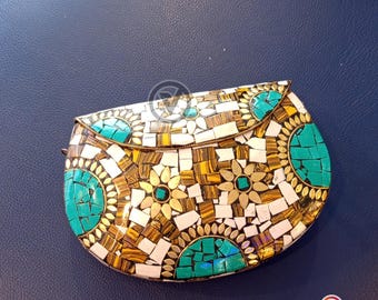 Bolso de mano antiguo de metal con mosaico y detalles de piedra / Bolso estilo boho vintage