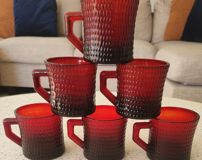 Featured listing image: Mid-Century Ruby Red Textured Glass Mugs, Set of 6