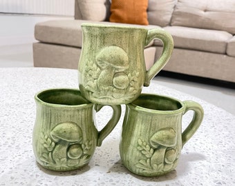 Handmade Celery Green Mushroom Mugs – Mid-Century Modern Set of 3