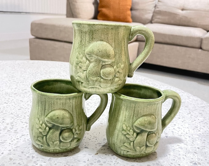 Featured listing image: Handmade Celery Green Mushroom Mugs – Mid-Century Modern Set of 3