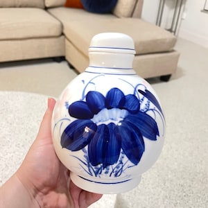 Blue and White Decorative Lidded Temple Jar Chinoiserie Decor - FREE SHIPPING