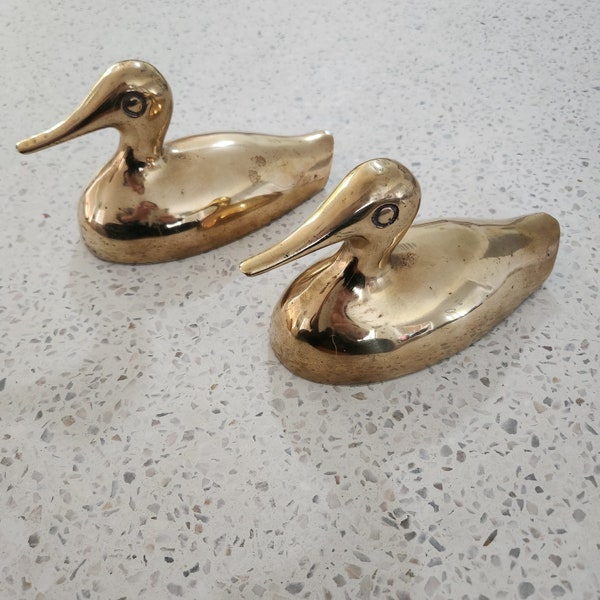 Large Brass Ducks Set 2 MCM Vintage Brass Ducks Lighter Golden Patina, Shiny Mid Century Modern Decor FREE SHIPPING