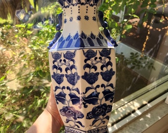 Large Blue and White Vase Chinoiserie Décor Hexagon with Handles Vintage Blue and White Planter, Decor, Gift for Home FREE SHIPPING