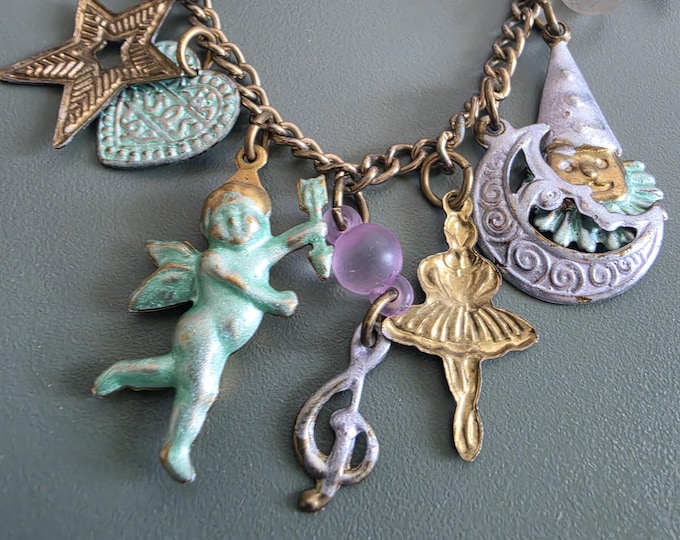 Featured listing image: Vintage Verdigris Charm Necklace – Celestial, Ballerina, Cherub Fantasy Theme (1980s/1990s)