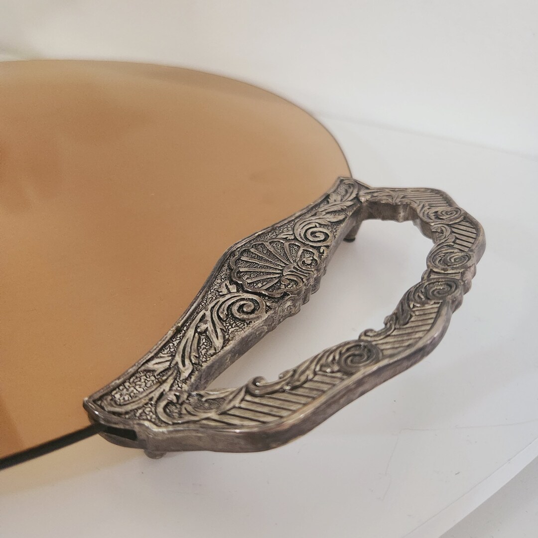 Round Amber Glass Serving Tray Intricate Silver Plated Handles 15 Mid
