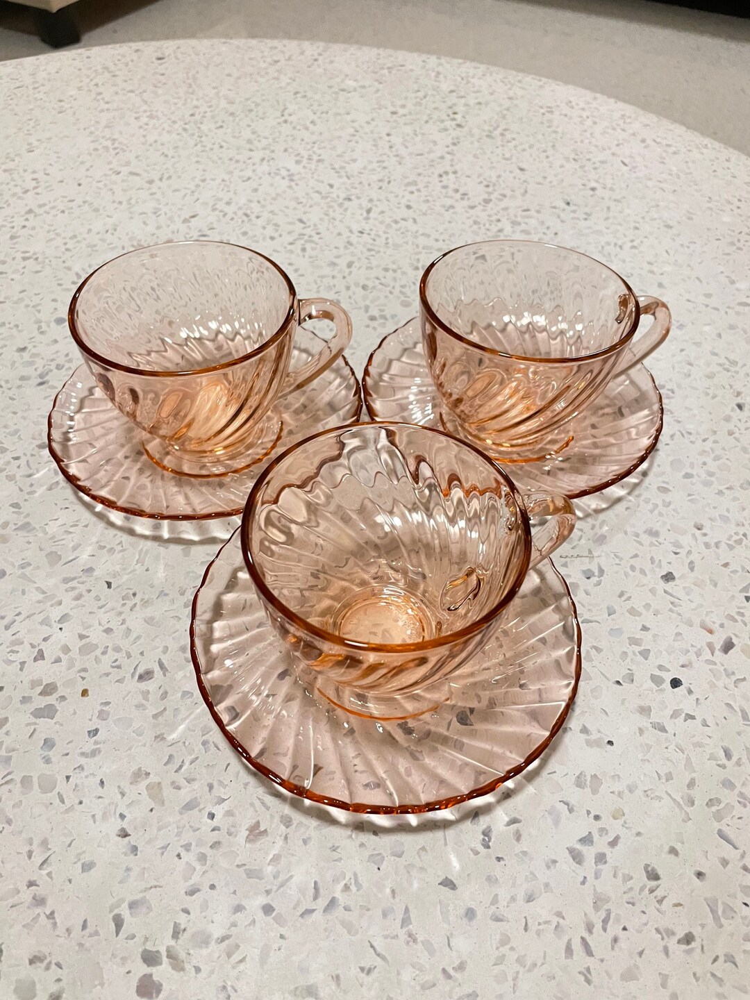 Vintage Pink Glass Tea Cups and Underplate Arcoroc France Rosaline