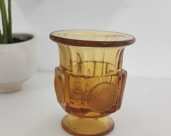 1930s Art Deco Fostoria Glass Company Amber Depression Glass Cigarette /  Card Holder With Silver Painted Embossed Ship