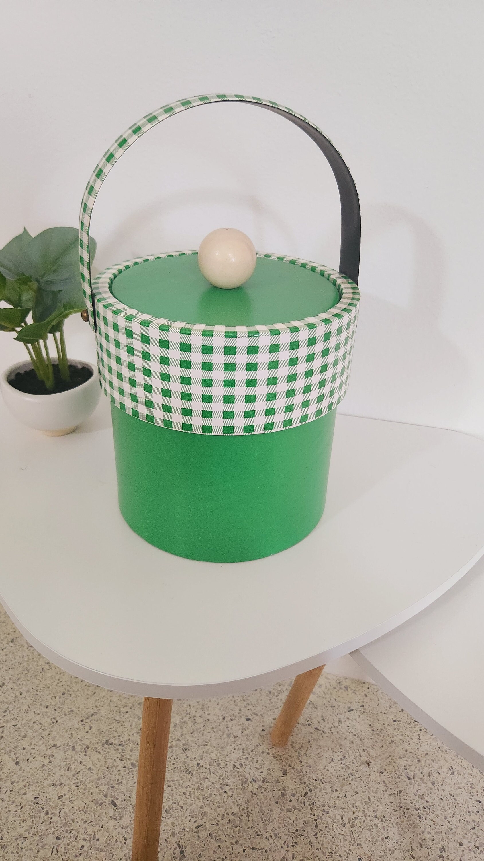 MCM Ice Bucket RARE Green and White Gingham Retro Ice Bucket Barware by