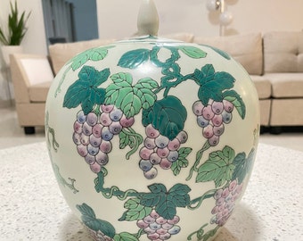 Vintage Chinoiserie Ginger Jar, Grape Vine Motif Decorative Vase