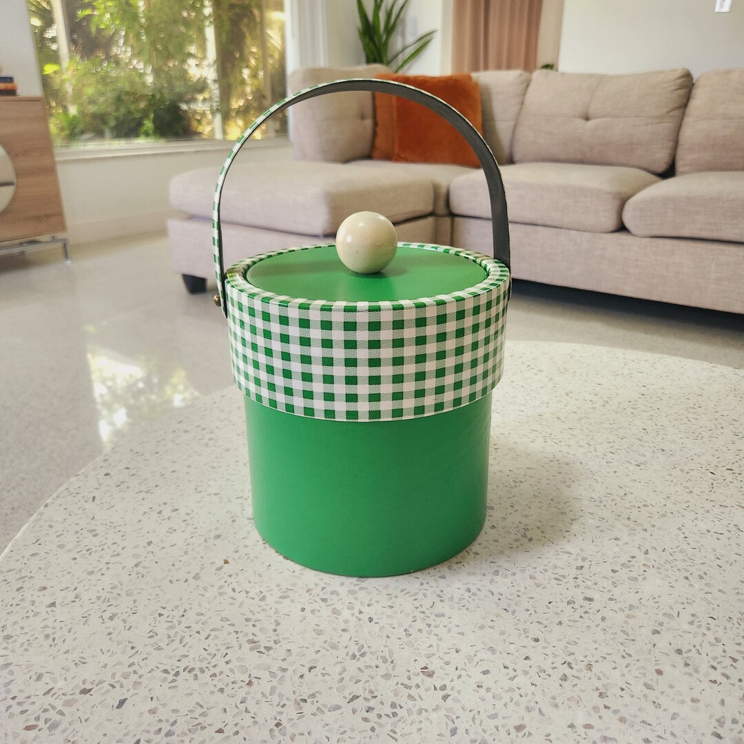 MCM Ice Bucket RARE Green and White Gingham Retro Ice Bucket Barware by