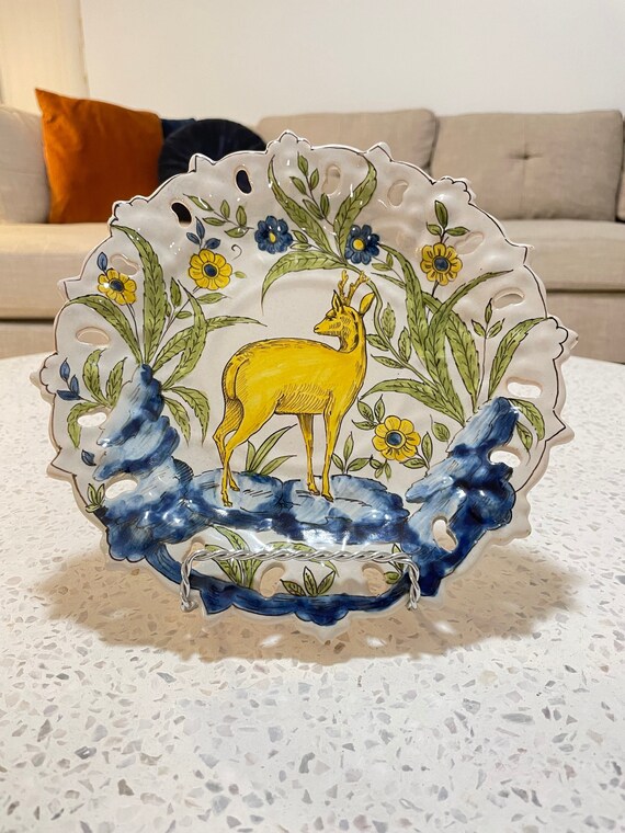 Folk Art Decorative Plate, Yellow Elk, Blue and Green Reticulated Design