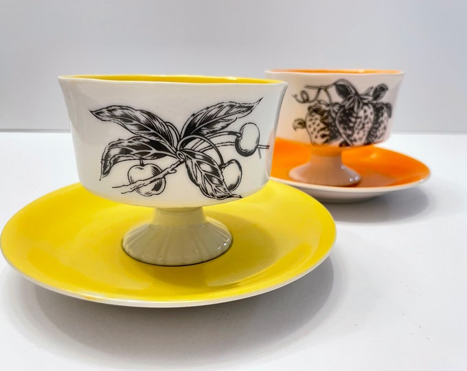Featured listing image: Vintage Porcelain Dessert Set: Mid-Century Modern Orange and Yellow Mugs, Cherry & Strawberry Design