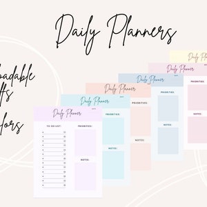 May include: Six printable daily planner templates in different pastel colors. Each planner includes sections for to-do lists, priorities, and notes.