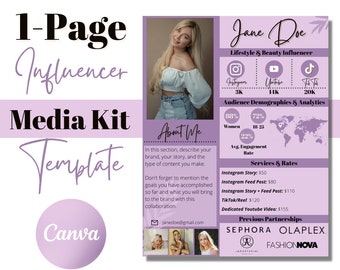 May include: A purple and white media kit template for an influencer. The template includes sections for "About Me", "Services & Rates", "Audience Demographics & Analytics", and "Previous Partnerships". The template also includes a photo of the influencer, their social media handles, and their contact information.