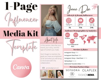 May include: A pink and white media kit template for social media influencers. The template includes sections for "About Me", "Audience Demographics & Analytics", "Services & Rates", and "Previous Partnerships". The template also includes a photo of a woman, a world map, and social media icons.