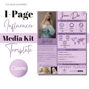 1 Page Influencer Canva Media Kit Template | Content Creator Media Kit | Influencer Rate Sheet Template | TikTok Instagram Youtube Template