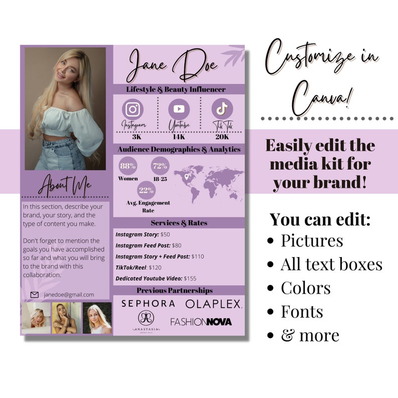 Influencer Media Kit Template: Canva Editable 1-page Design - Etsy