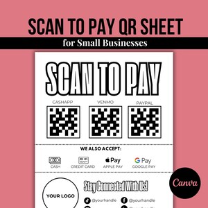 以下が含まれることがあります： 小規模事業向けの白黒の印刷可能なQRコードシート。シートには、Cash App、Venmo、PayPalのQRコードが含まれています。また、現金、クレジットカード、Apple Pay、Google Payのアイコンも含まれています。シートの上部には「SCAN TO PAY」というテキストが、下部には「Stay Connected With Us!」というテキストがあります。