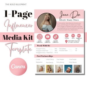 1 Page Influencer Canva Media Kit Template | Content Creator Media Kit | Influencer Rate Sheet Template | TikTok Instagram Youtube Template