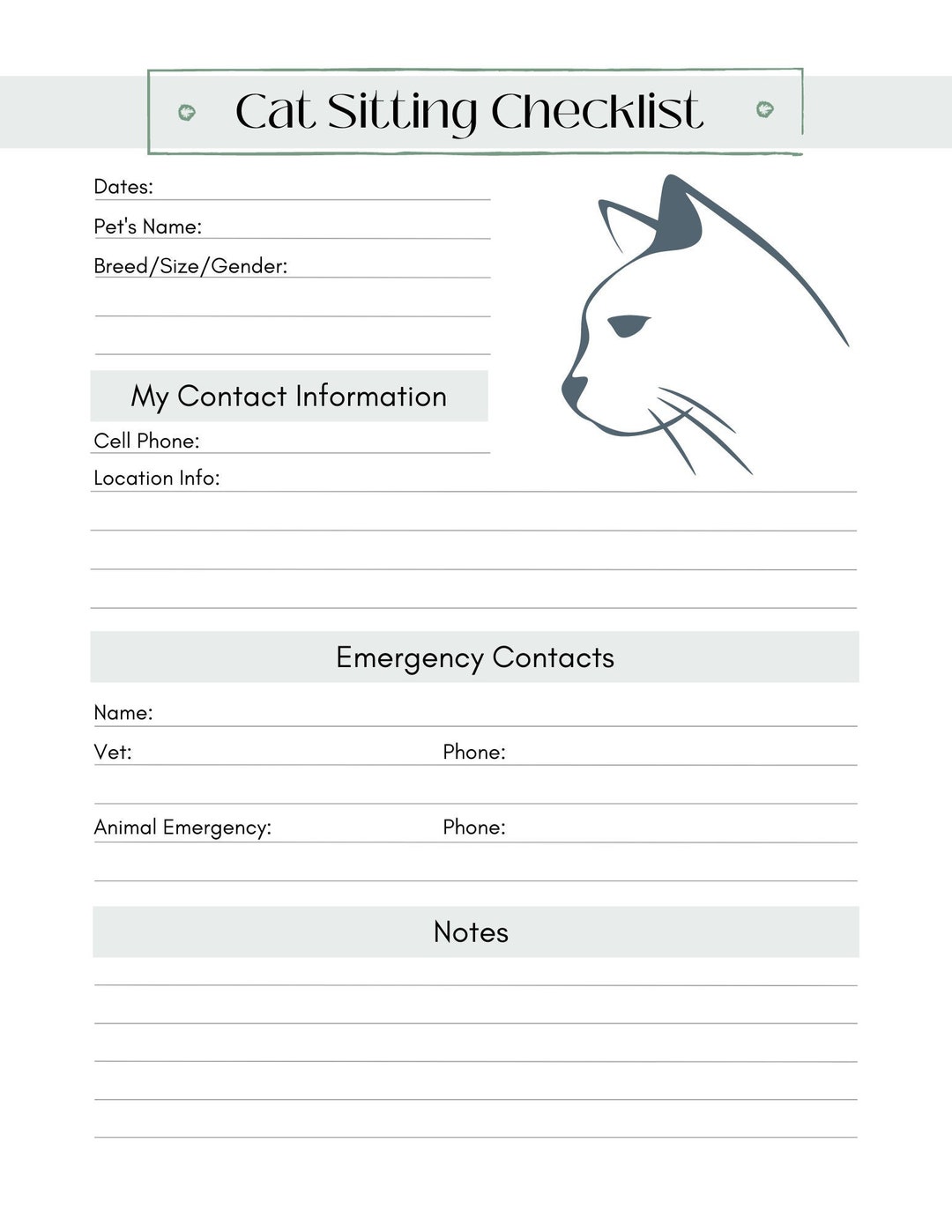 Cat Sitting Notes Printable PDF Cat Owner Template Digital Download US Cat Sitting Notes Printable PDF Cat Owner Template Digital Download US