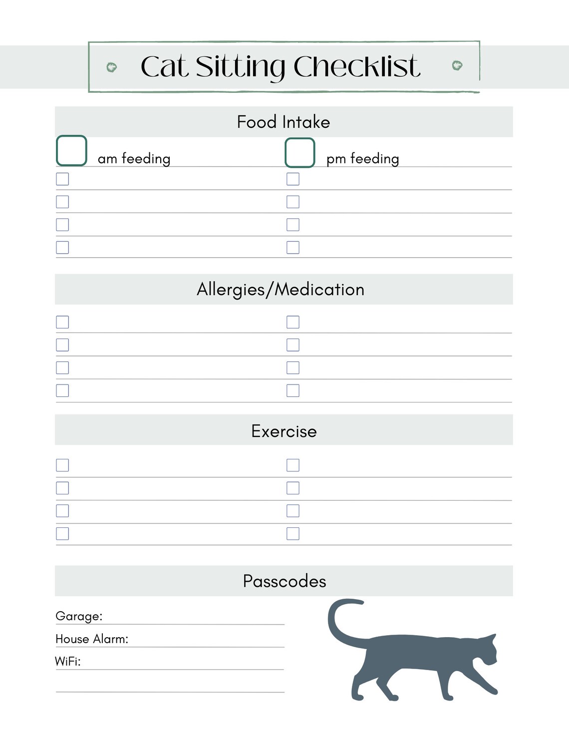 Cat Sitting Notes Printable PDF Cat Owner Template Digital Download US ...