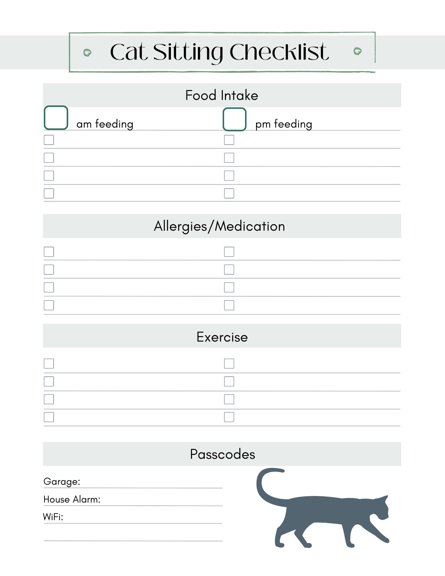 Cat Sitting Notes Printable PDF Cat Owner Template Digital Download US ...