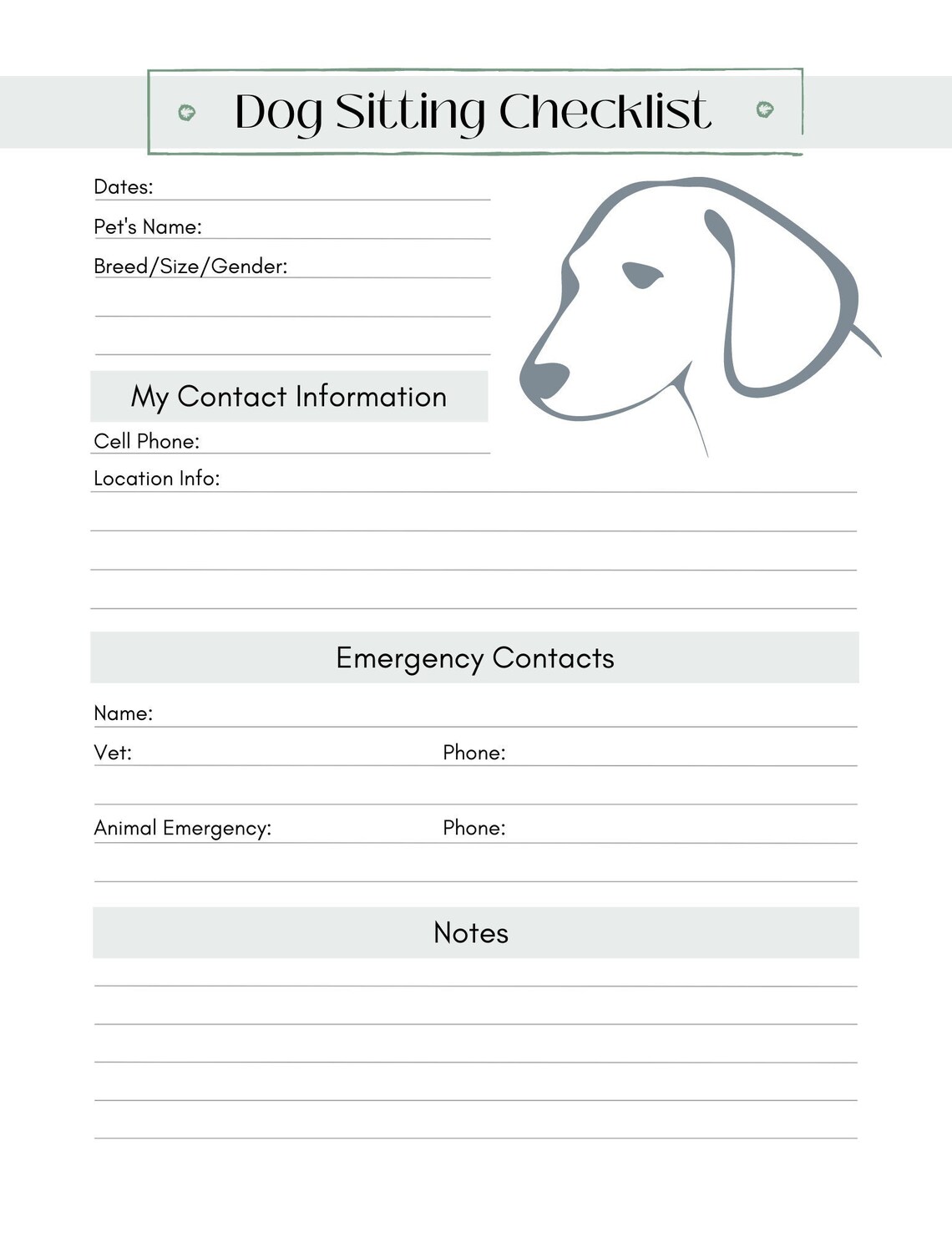 Dog Sitting Notes Printable PDF | Dog Owner Template | Digital Download ...