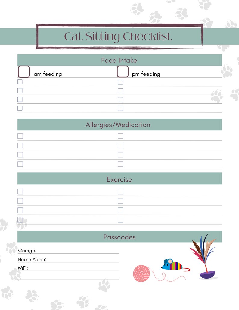 Cat Sitting Notes Printable PDF | Cat Owner Template | Digital Download ...
