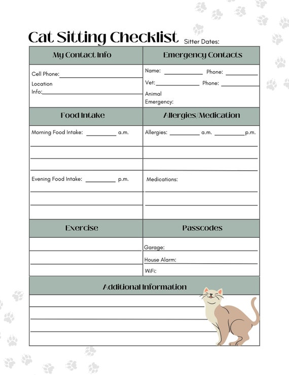Cat Sitting Notes Printable PDF Cat Owner Template Digital | Etsy
