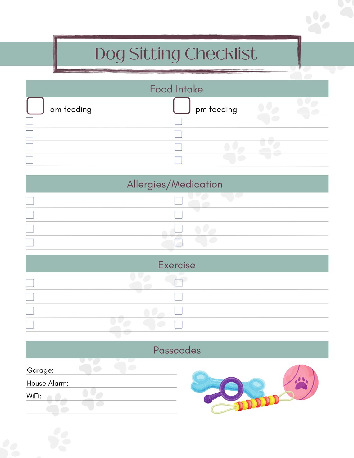 Dog Sitting Notes 1 Printable PDF | Dog Owner Template | Digital ...