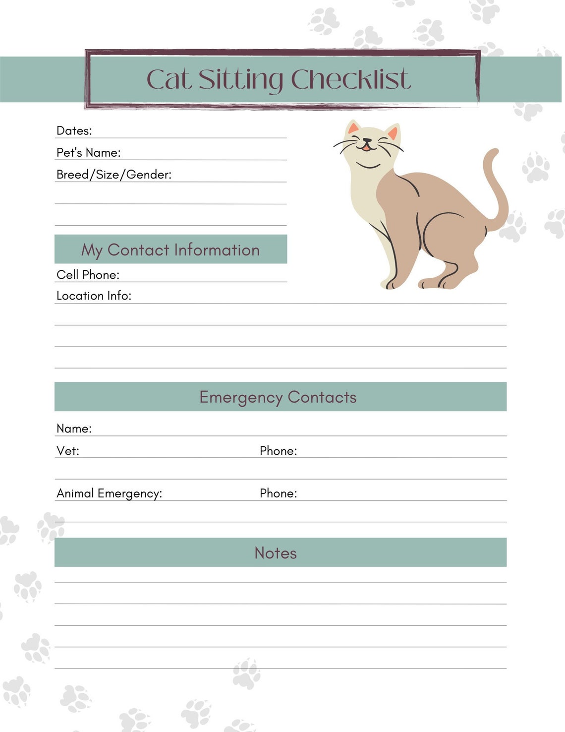 Cat Sitting Notes Printable PDF | Cat Owner Template | Digital Download ...