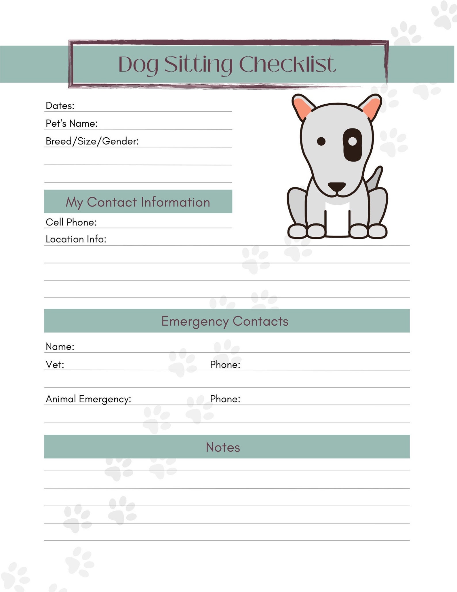 Dog Sitting Notes 1 Printable PDF Dog Owner Template Digital Download