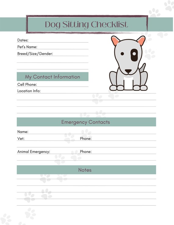 Dog Sitting Notes 1 Printable PDF Dog Owner Template - Etsy
