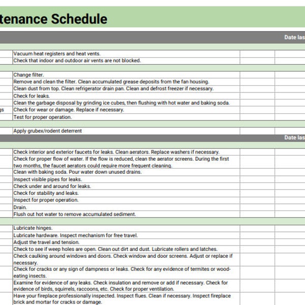 Home Maintenance Checklist | Printable & Editable Excel File | Instant Download