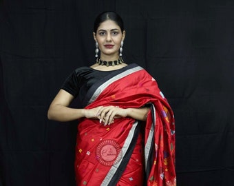 Red Bomkai Ikat Silk Saree | Odisha Handloom Weave
