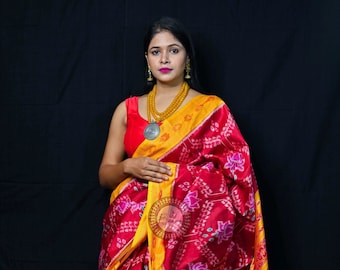 Maroon Yellow Pink Lotus Odisha Sambalpuri Silk Saree-Odisha Weaves