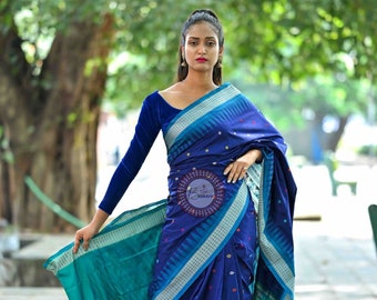Blue Teal Handloom Silk Saree | Odisha Sambalpuri Ikat, Dolabedi