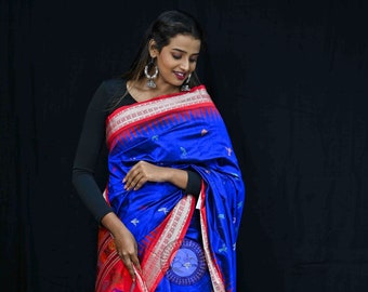 Blue & Red Bomkai Ikat Silk Saree | Odisha Handloom
