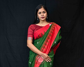 Green Red Kotpad Odisha Ikat Cotton Saree-Vegetable Dye Odisha Weaves