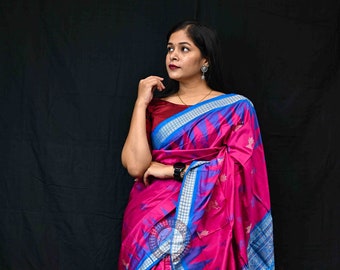 Magenta Blue Tulsi Leaves Odisha Handloom Silk Saree-Odisha Weaves