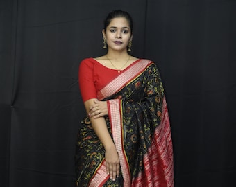 Handloom Black & Red Ikat Silk Saree | Sambalpuri Odisha Weave
