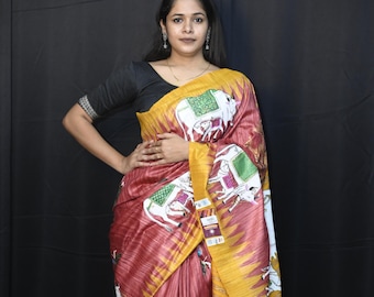Maroon Yellow Kamadhenu Theme Pattachitra Tussar Silk Saree-Odisha Handicrafts