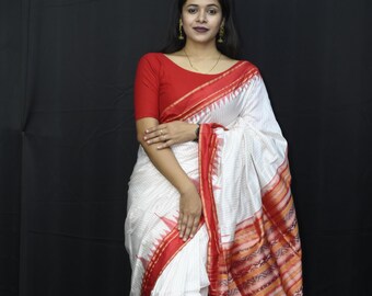 Handloom Odisha Ikat Silk Saree | White & Red Tissue Saree