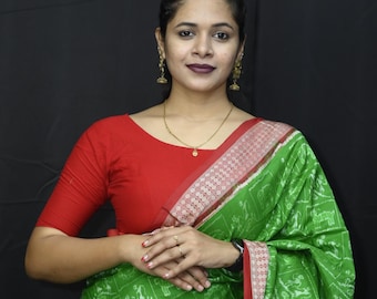 Handwoven Odisha Ikat Silk Saree | Green & Red Animal Motif