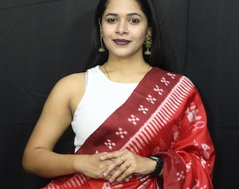 Red Odisha Ikat Silk Saree | Handloom Sambalpuri Weave